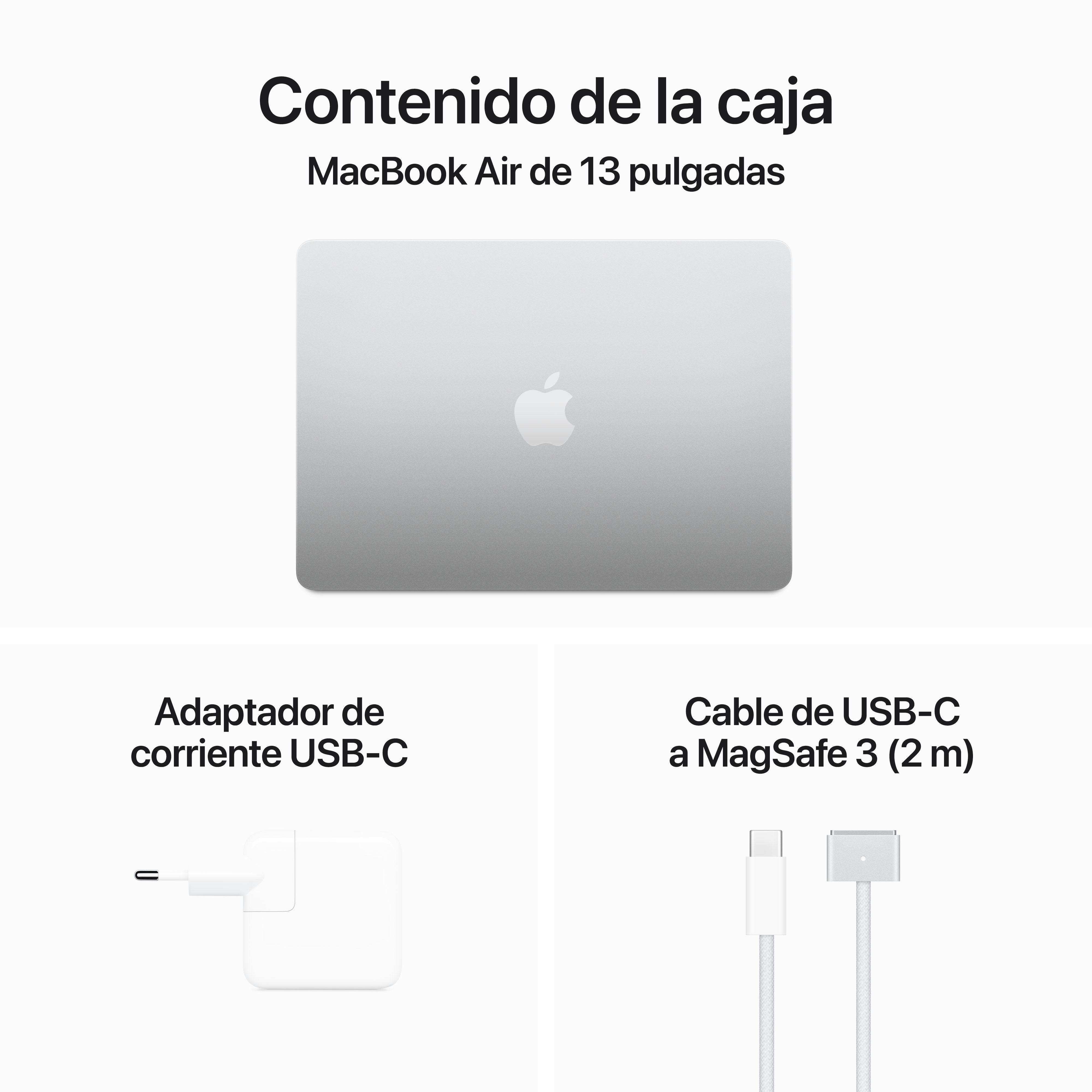 Contenido de la caja: Portátil, adaptador de corriente USB-C y cable USB-C a MagSafe 3.