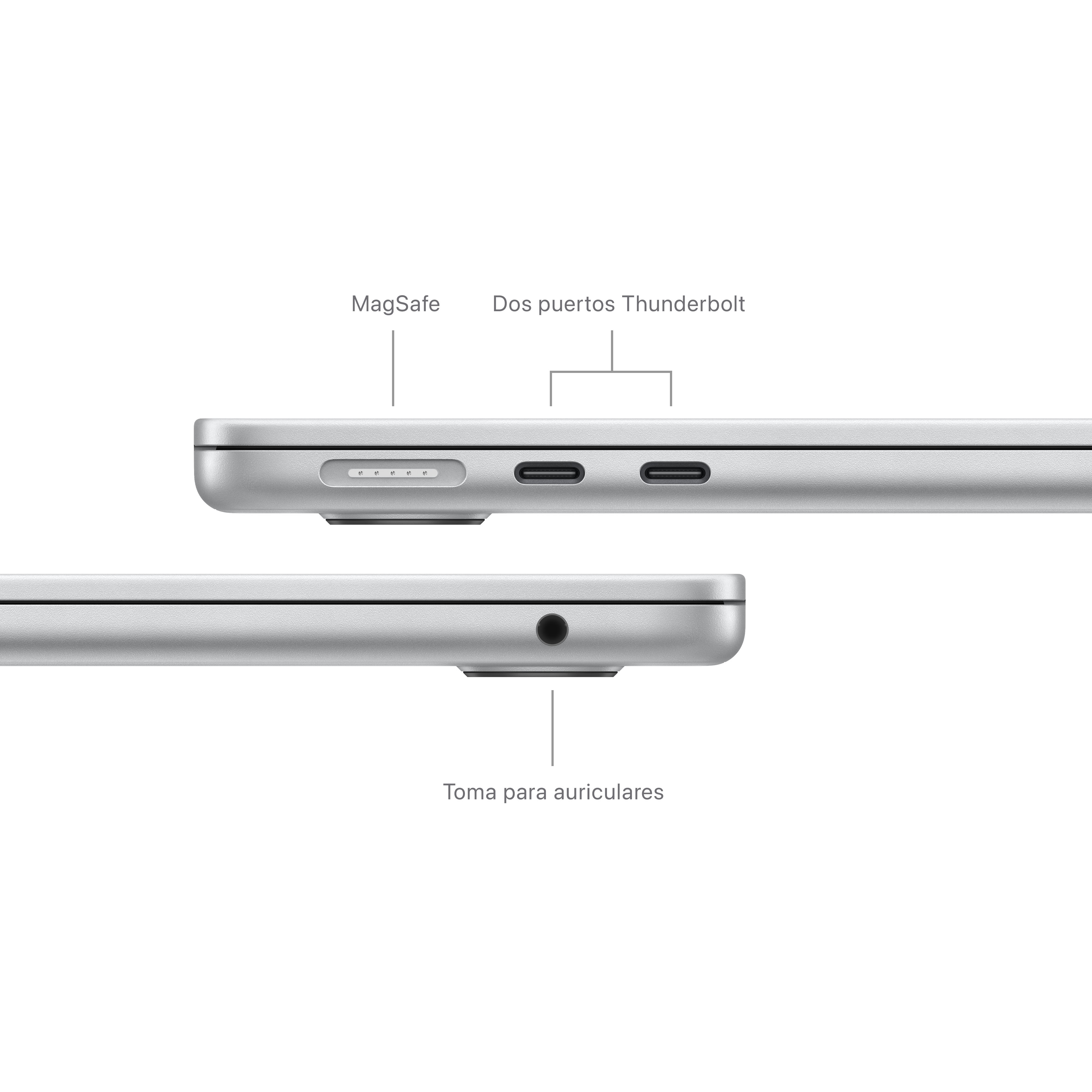 Primer plano de un portátil mostrando puertos. Incluye puerto MagSafe, dos puertos Thunderbolt y una toma de auriculares.