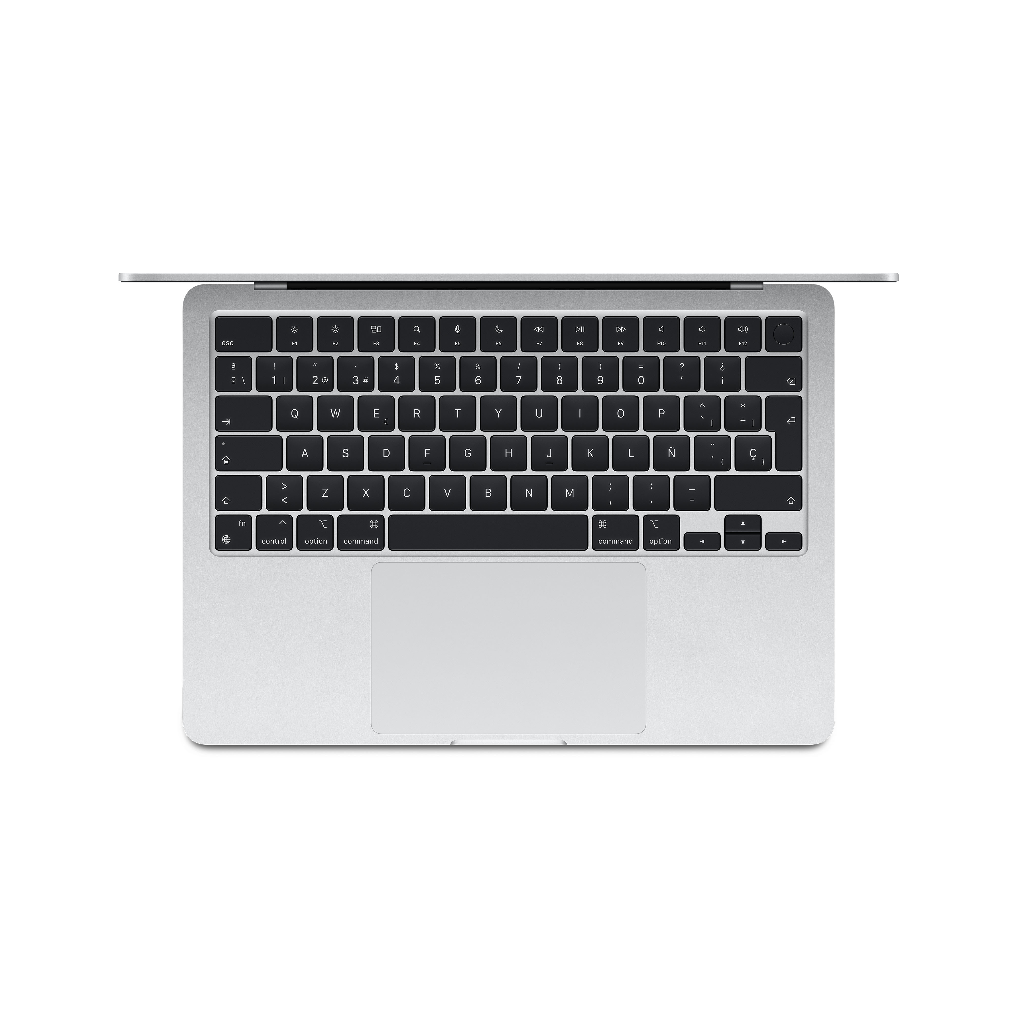 Portátil abierto, mostrando teclado y trackpad. La pantalla está cerrada.