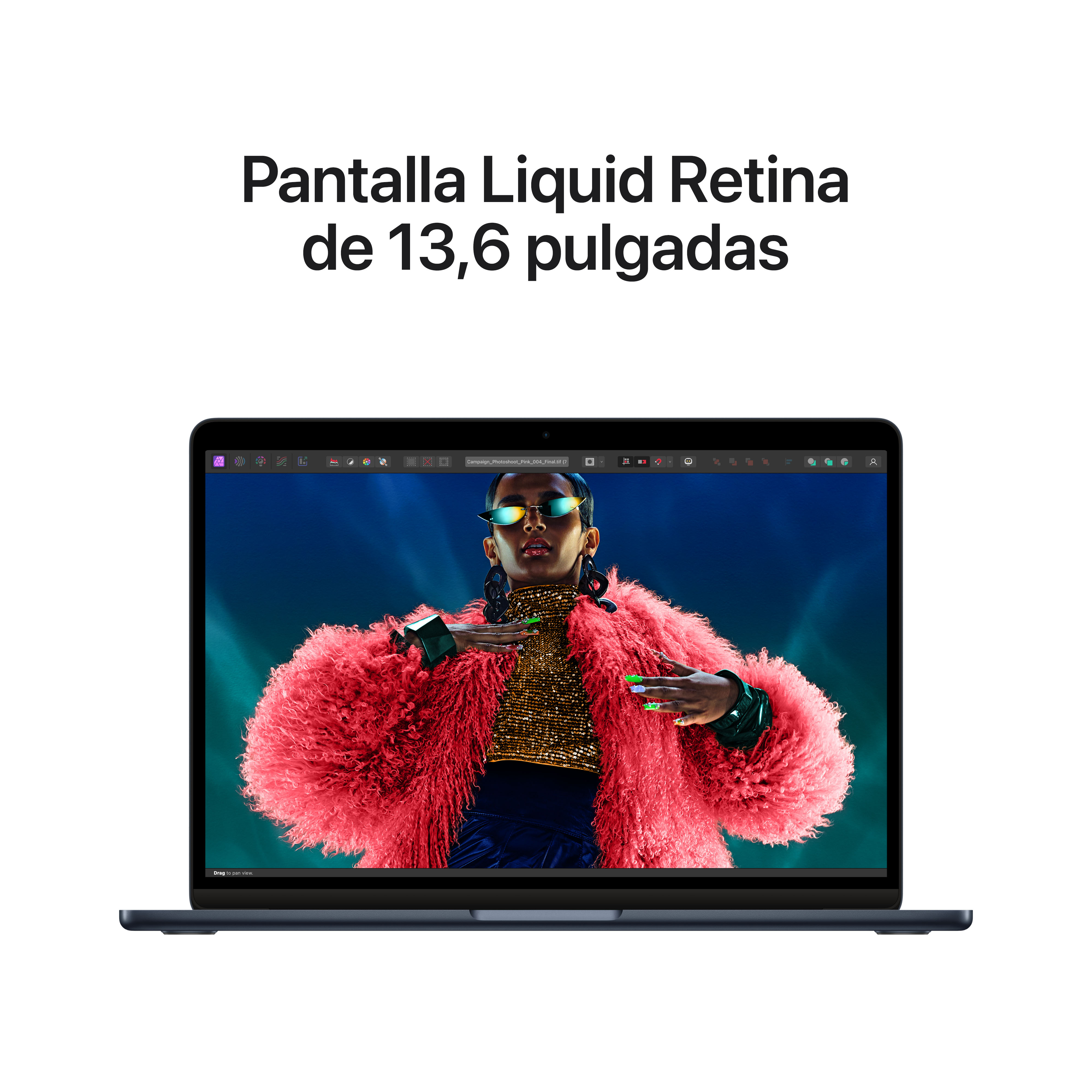 Pantalla de portátil mostrando una imagen colorida. Texto: 'Pantalla Liquid Retina de 13,6 pulgadas'.