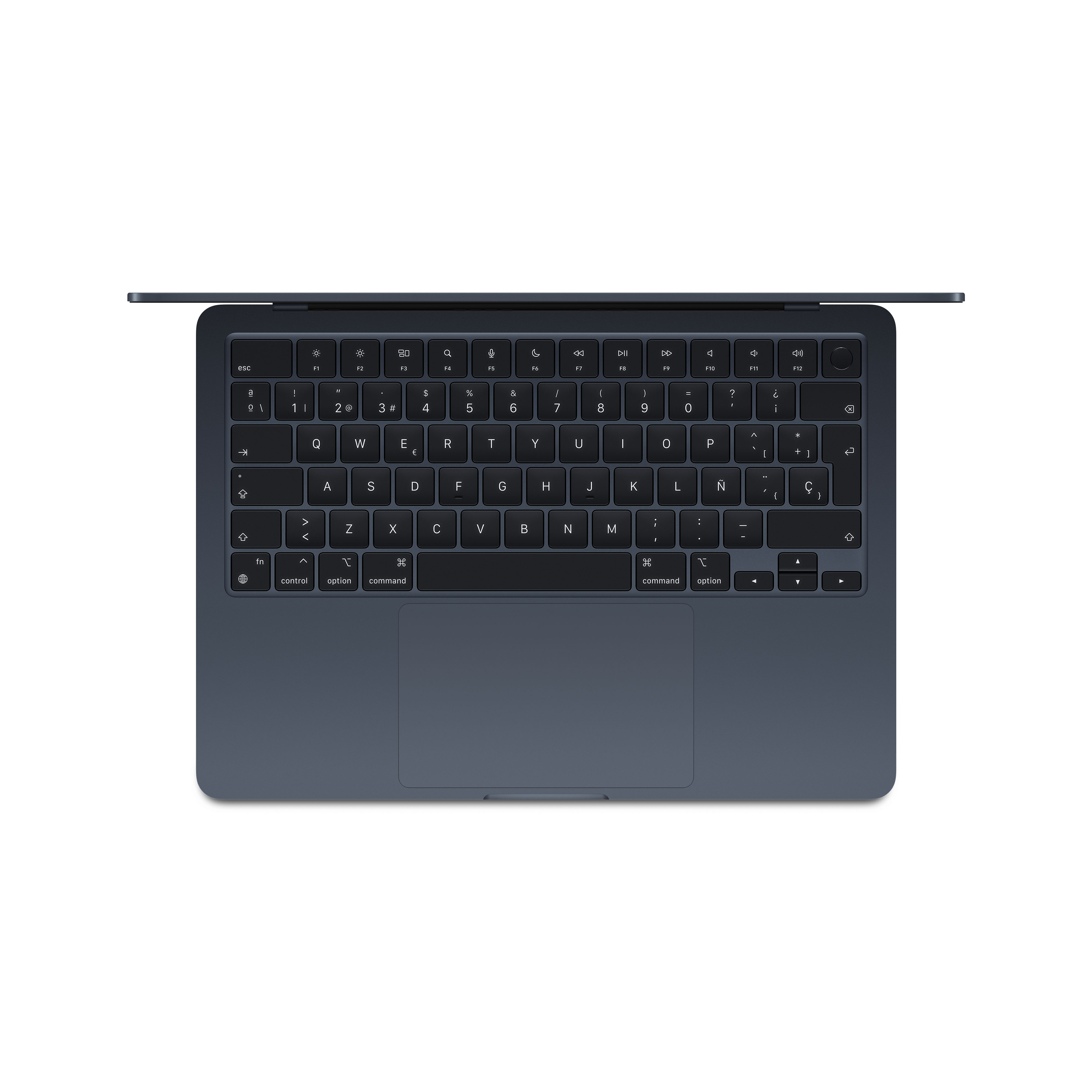 Vista superior de un teclado de portátil con las teclas visibles, sobre una superficie azul oscuro.