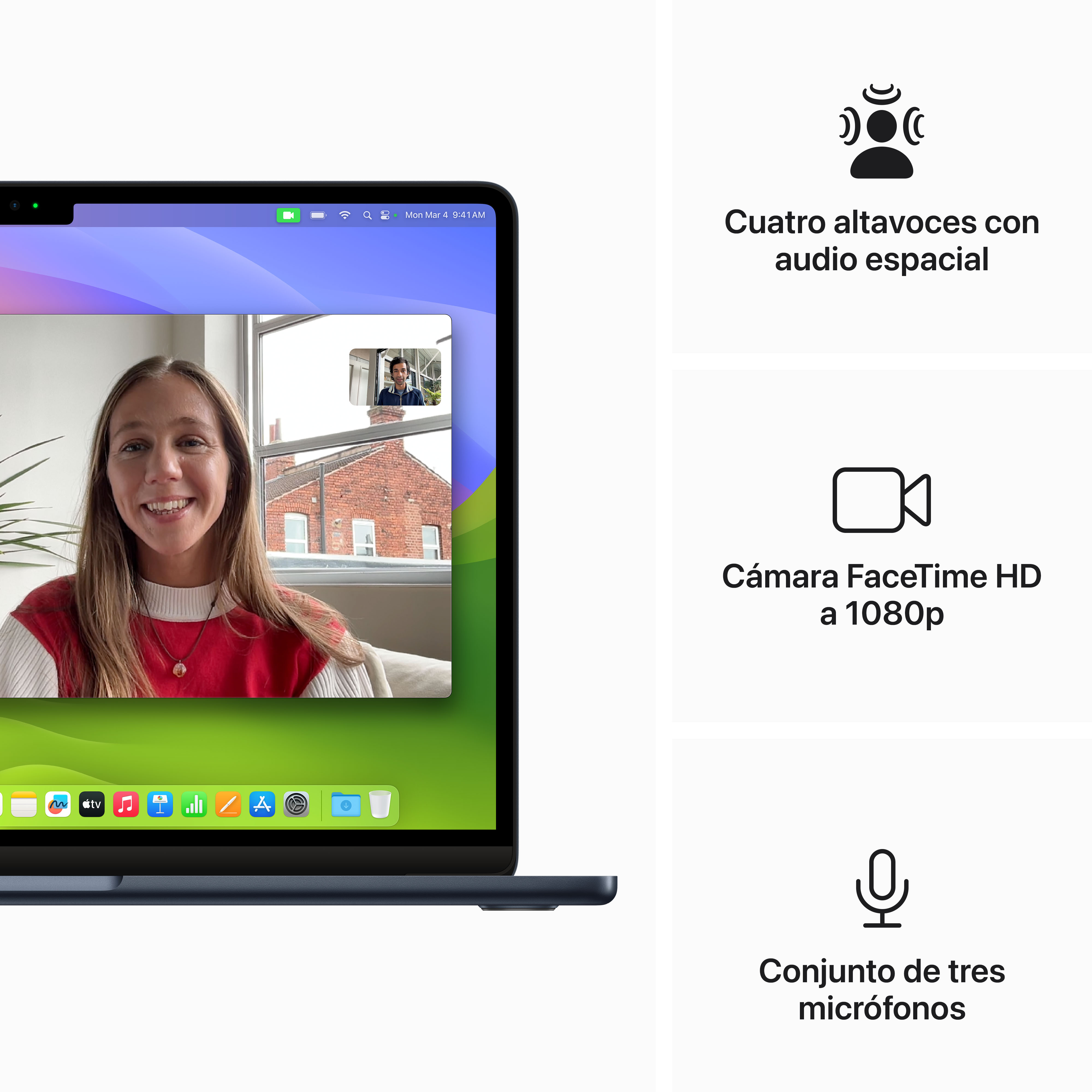 Pantalla de portátil mostrando videollamada. Características: Cuatro altavoces, cámara FaceTime HD y tres micrófonos.