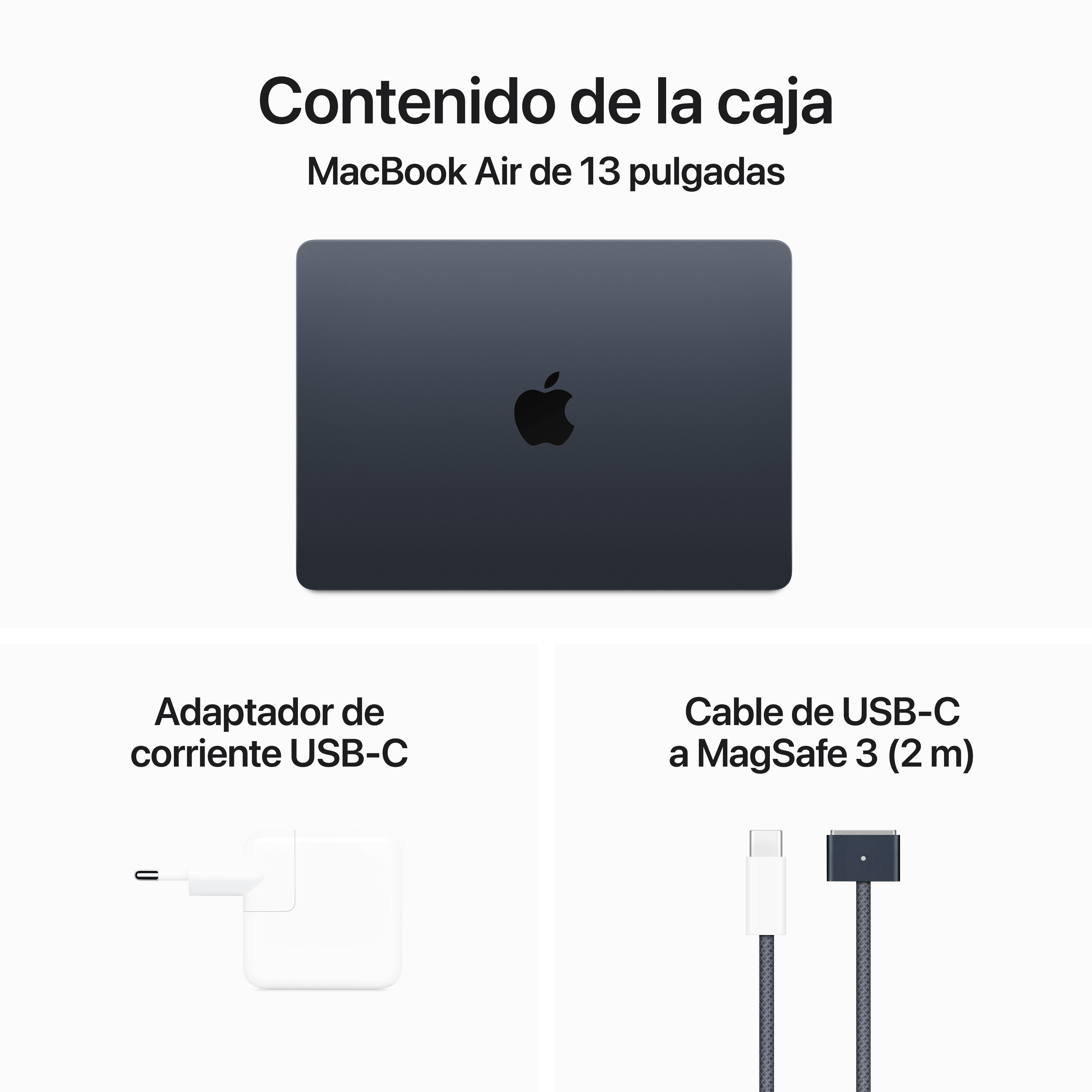 Adaptador de corriente blanco, cable USB-C y portátil sobre fondo blanco. Texto: Contenido.