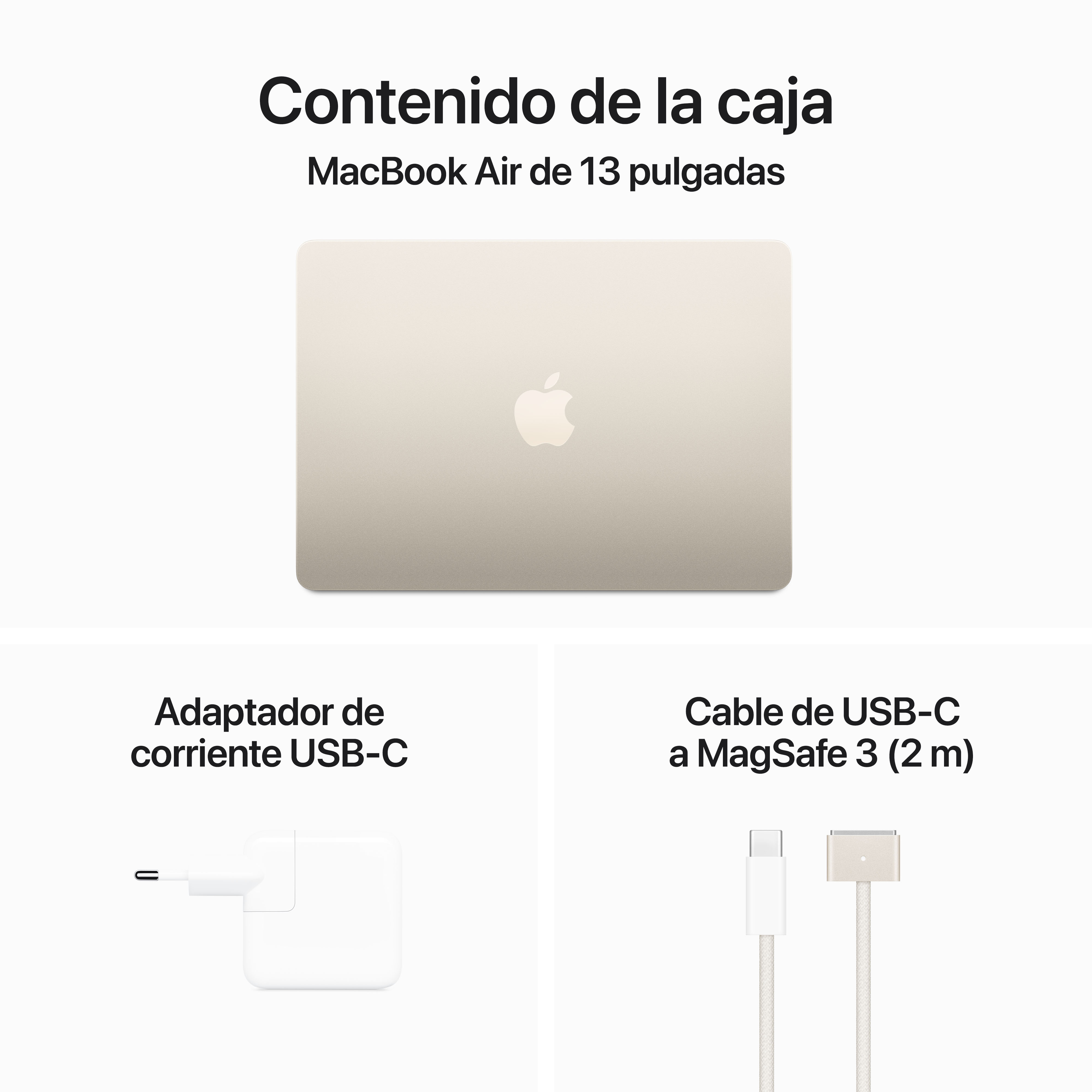 MacBook Air con cargador y cable. El Macbook está cerrado, con el logotipo de Apple.