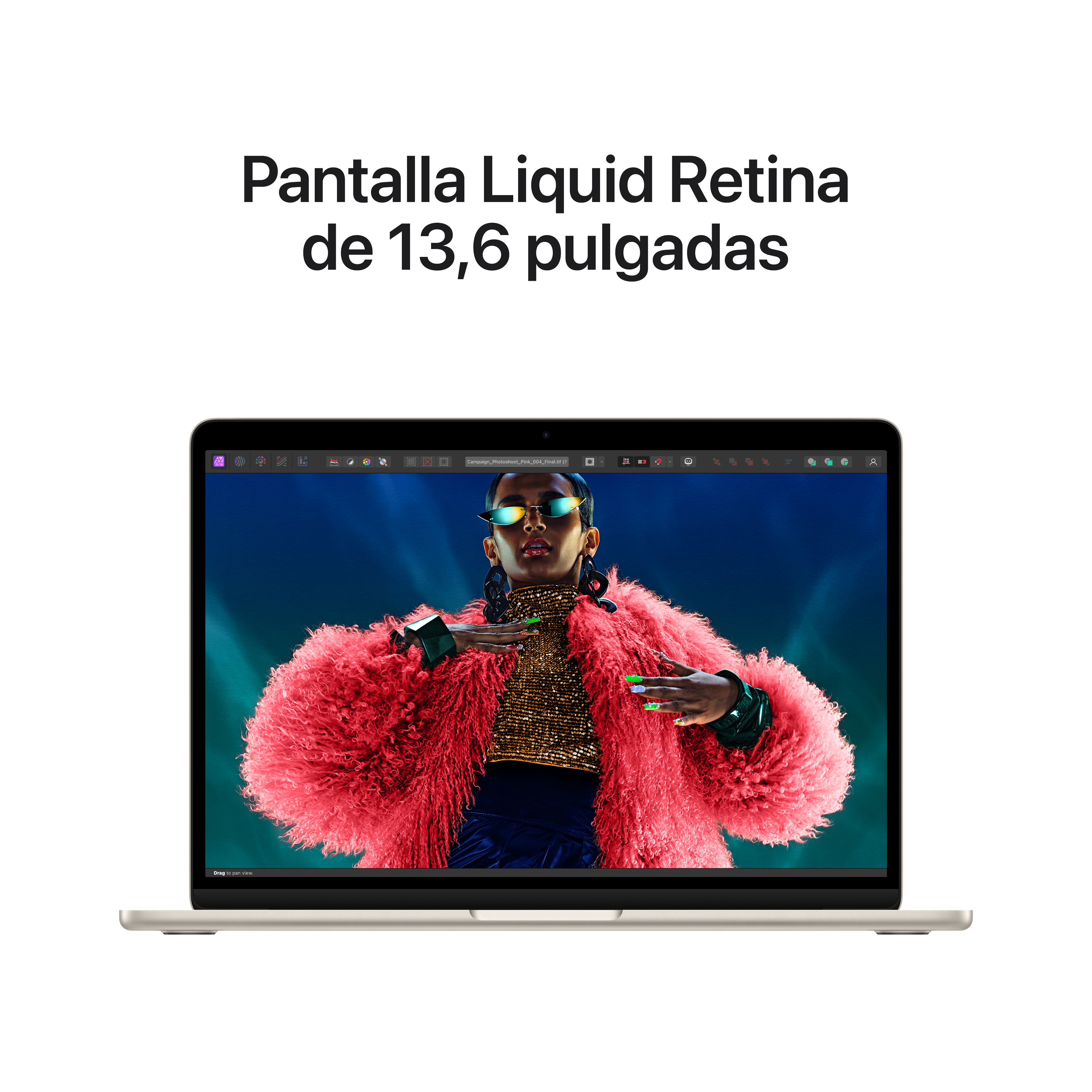 Portátil con pantalla que muestra a una persona con abrigo de piel rosa. Texto en la parte superior indica el tamaño.