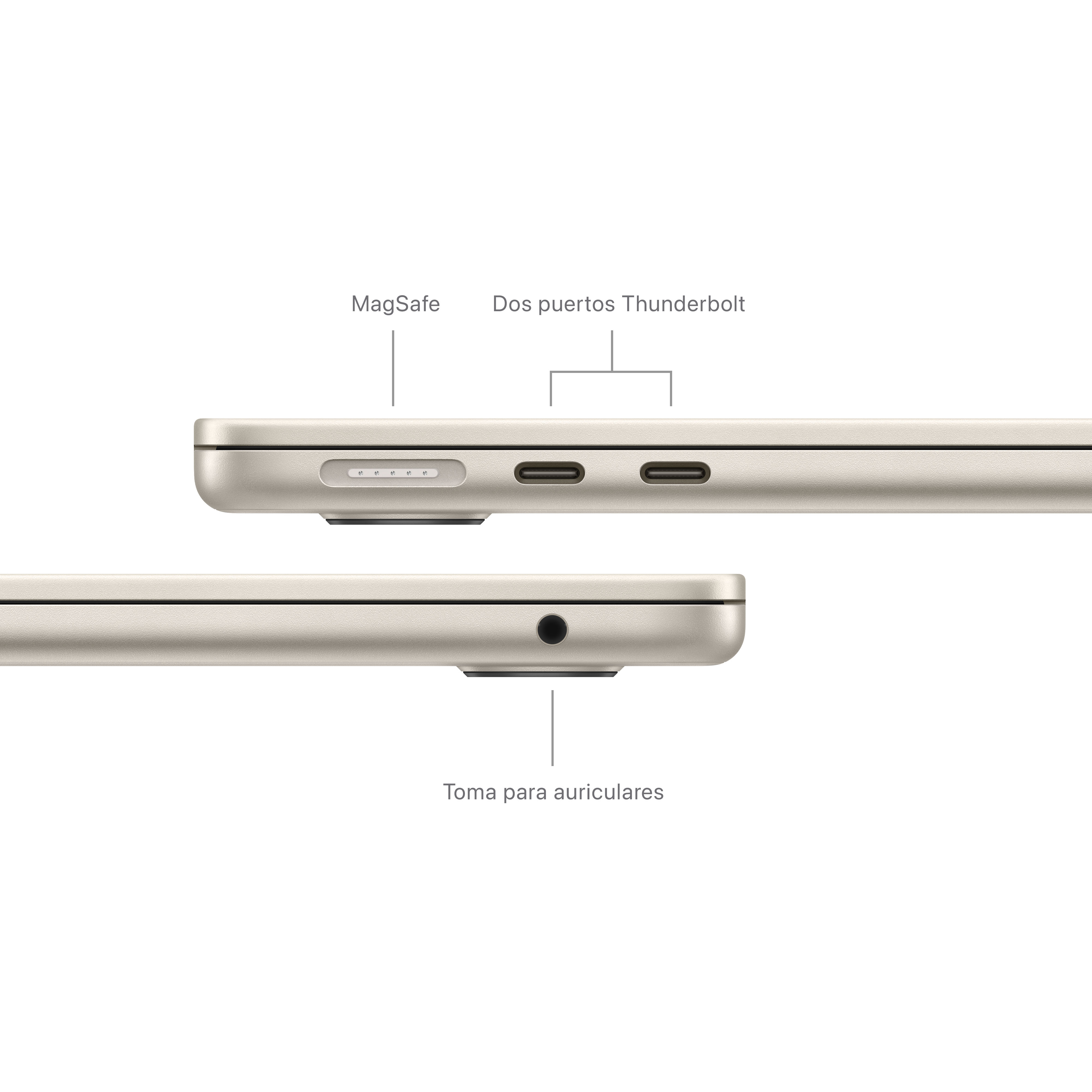 Primer plano de los puertos del portátil: MagSafe, Thunderbolt y conector de auriculares. Fondo beige.