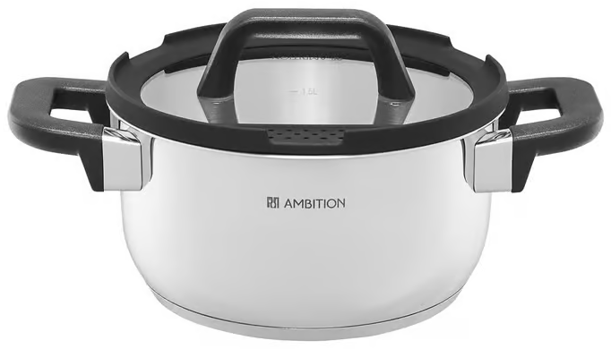 Garnek ze stali nierdzewnej z czarnymi uchwytami i pokrywką, widoczna marka 'AMBITION'.