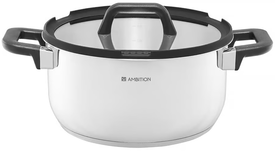 Garnek ze stali nierdzewnej z pokrywką. Posiada dwa czarne uchwyty po bokach i czarny uchwyt na pokrywce.