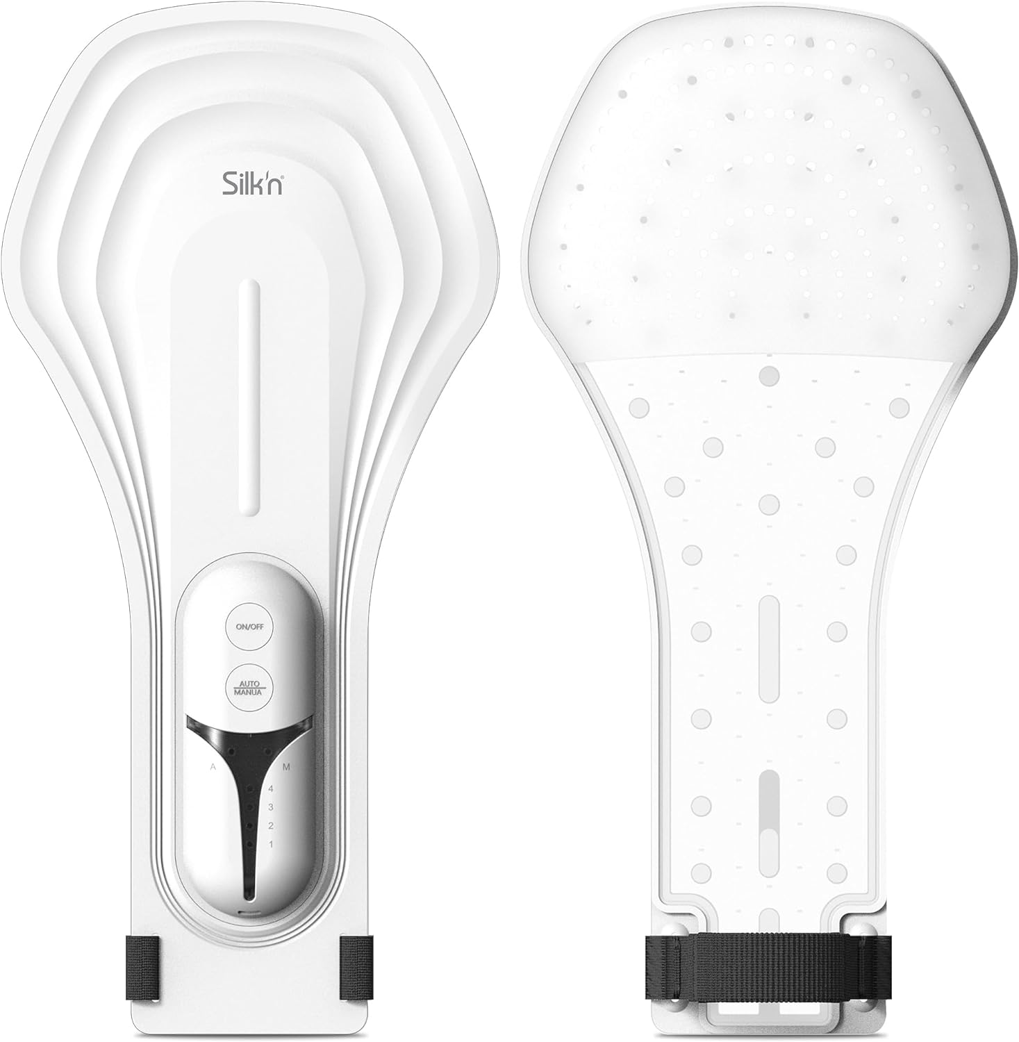 Białe urządzenie do usuwania włosów, z czarnym paskiem i przyciskiem włączania/wyłączania. Białe tło.