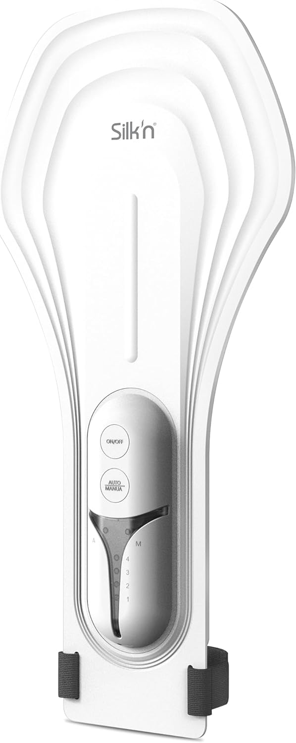 Białe urządzenie Silk'n z przyciskami i czarnym paskiem, do usuwania włosów.