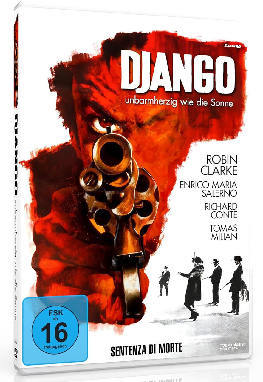DVD-Cover von Django. Ein Mann zielt mit einer Waffe, mit Text und Figuren im Hintergrund.