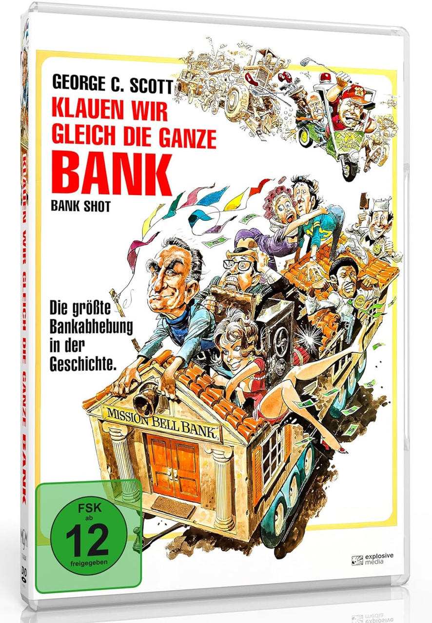 DVD-Cover: Filmszene mit Cartoonfiguren und Gebäude, Bank Shot.