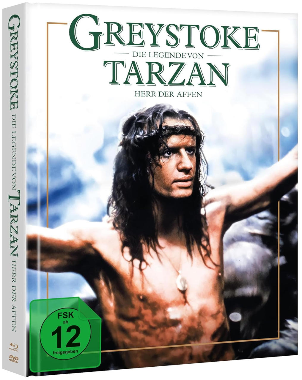Greystoke DVD-Box, Tarzan auf dem Cover, Mann ohne Hemd mit langen Haaren, Dschungel-Hintergrund.