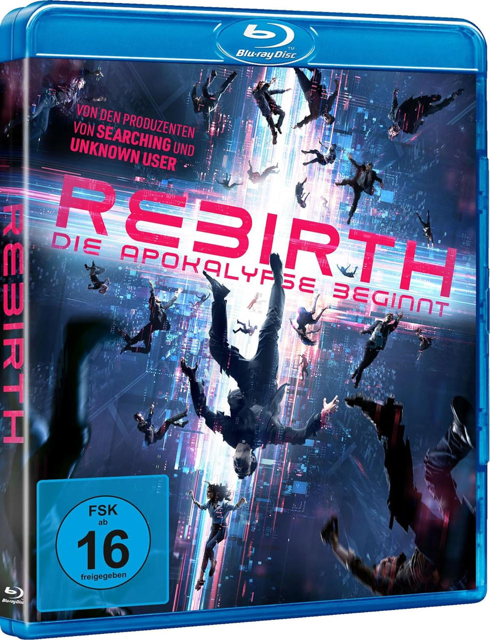 Filmcover von 'Rebirth', mit stürzenden Menschen und blauem Hintergrund. Text auf Deutsch.
