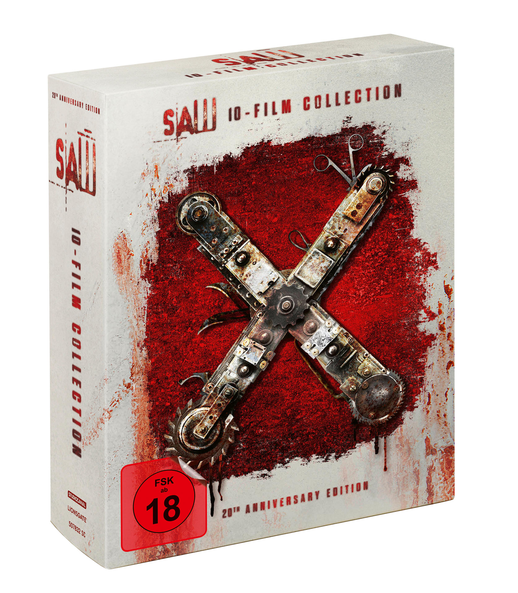 Vorderansicht eines Saw X DVD-Box-Sets. Die Box ist weiß mit rotem und schwarzem Design.