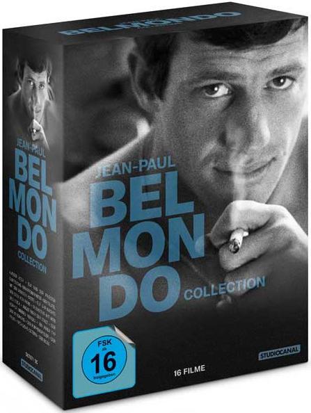 DVD-Box: Jean-Paul Belmondo Kollektion. Bild von rauchendem Mann, Blu-ray Logo.