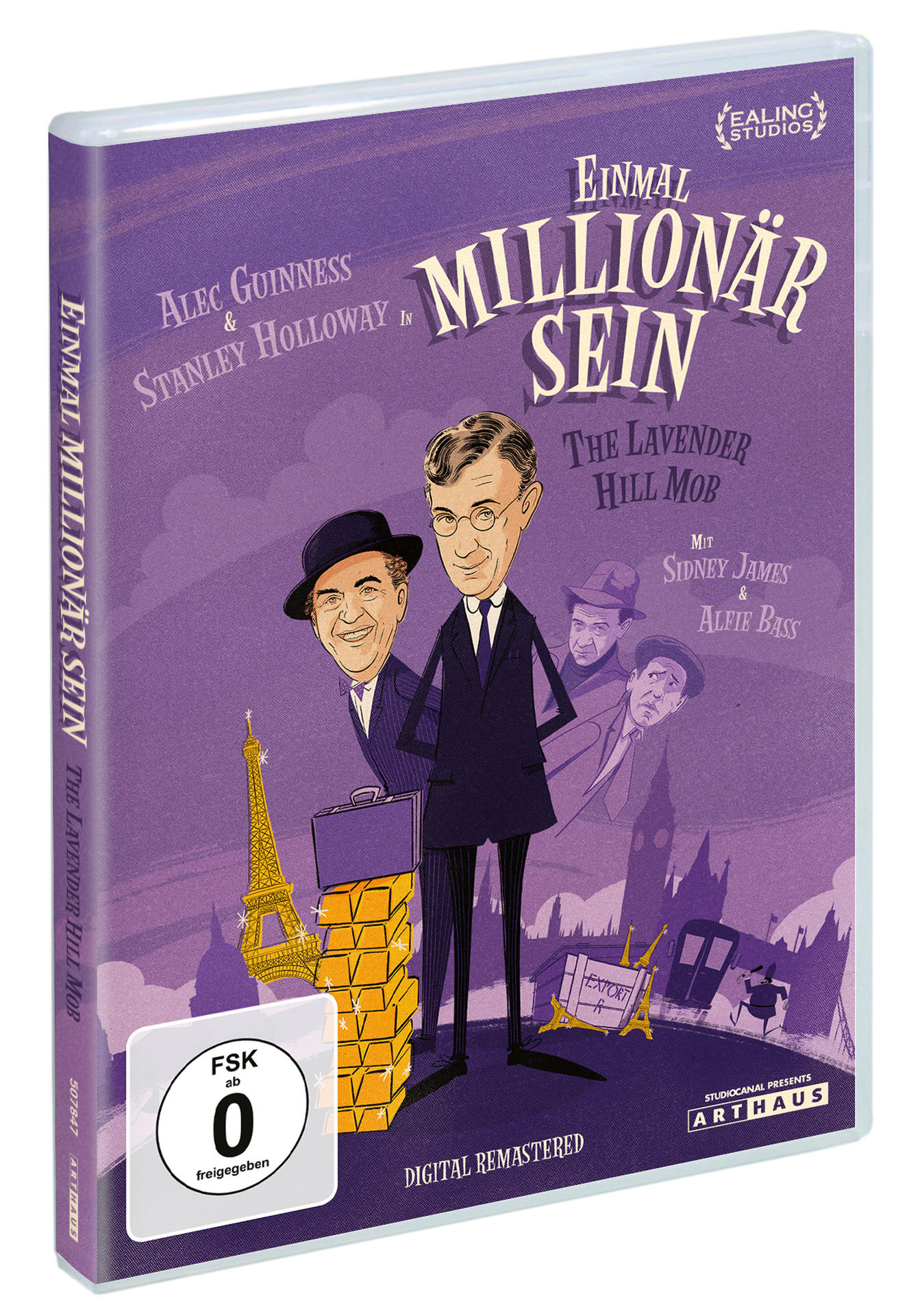 DVD-Cover: Filmposter 'Einmal Millionär Sein' mit Schauspielern, Goldbarrenstapel und Eiffelturm.