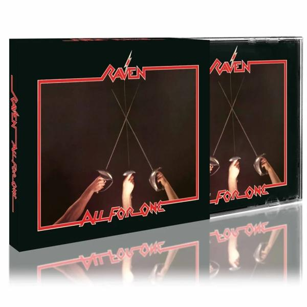 Albumcover mit dem Wort RAVEN, drei Schwertern und dem Text 'ALL FOR ONE'. Schwarzer Hintergrund mit roter Umrandung.