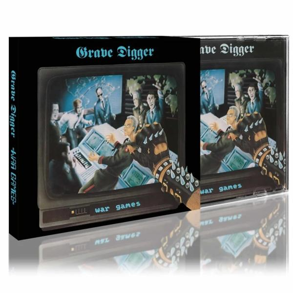 Albumcover zeigt einen Fernsehbildschirm mit Militärfiguren. Eine behandschuhte Hand mit Stacheln ist davor. Der Titel lautet 'Grave Digger: War Games'.