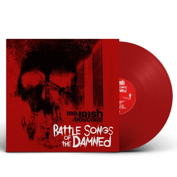 Piros bakelit lemez és borítója. A borítón koponya látható, a felirat: 'Battle Songs of the Damned'. A bakelit piros.