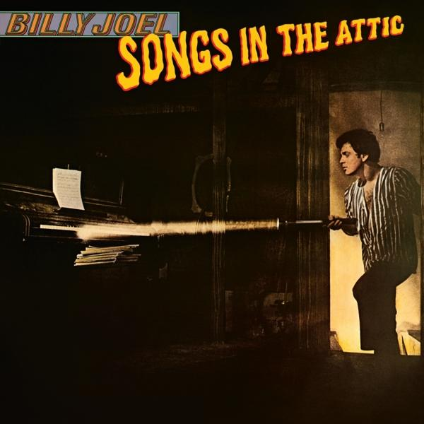Billy Joel album borító: 'Songs in the Attic', zongorabillentyűk, álló férfi, sötét, hangulatos.