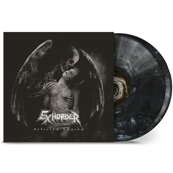 Az EXHORDER Defectum Omnium album borítója. Sötét művészet egy csontvázat és egy embert mutat.