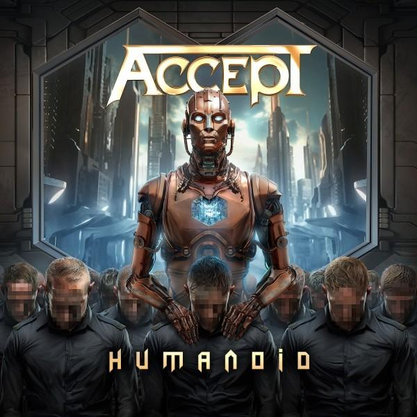 Album borító, robot figura középen, homályos arcú emberek csoportjával körülvéve és a zenekar nevével.