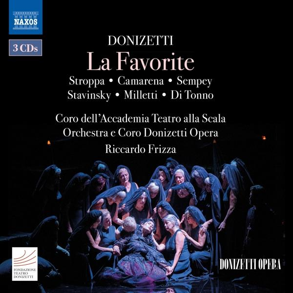Opern-CD-Cover: Gruppe von Figuren in dunkler Kleidung, einige mit Schleiern. Text: Donizetti - La Favorite. Orchester, Chor.