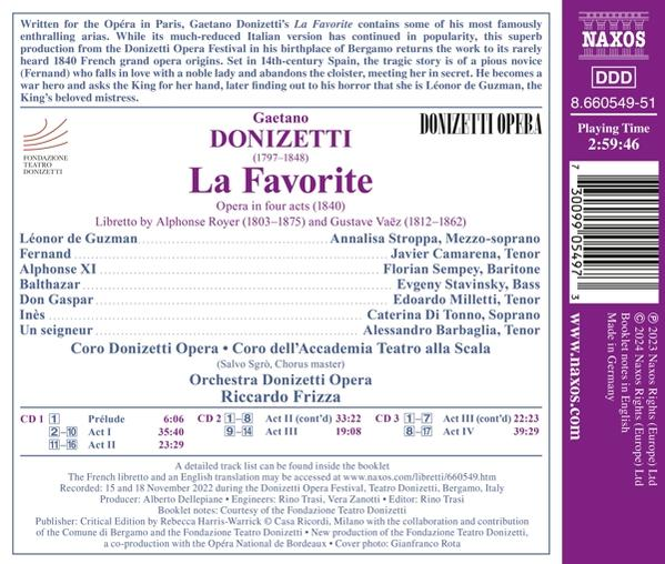 Album-Rückseite mit Text über Donizettis Oper 'La Favorite'.