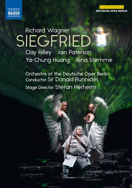 Siegfried Operncover. Drei Personen mit Flügeln, ein Mann mit einem Schwert und Text über die Oper.