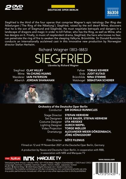 Die Rückseite einer DVD-Hülle von Richard Wagners Oper 'Siegfried' wird gezeigt.