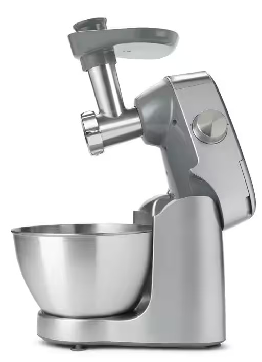 Srebrny mikser kuchenny z przystawką do mielenia mięsa i misą ze stali nierdzewnej.