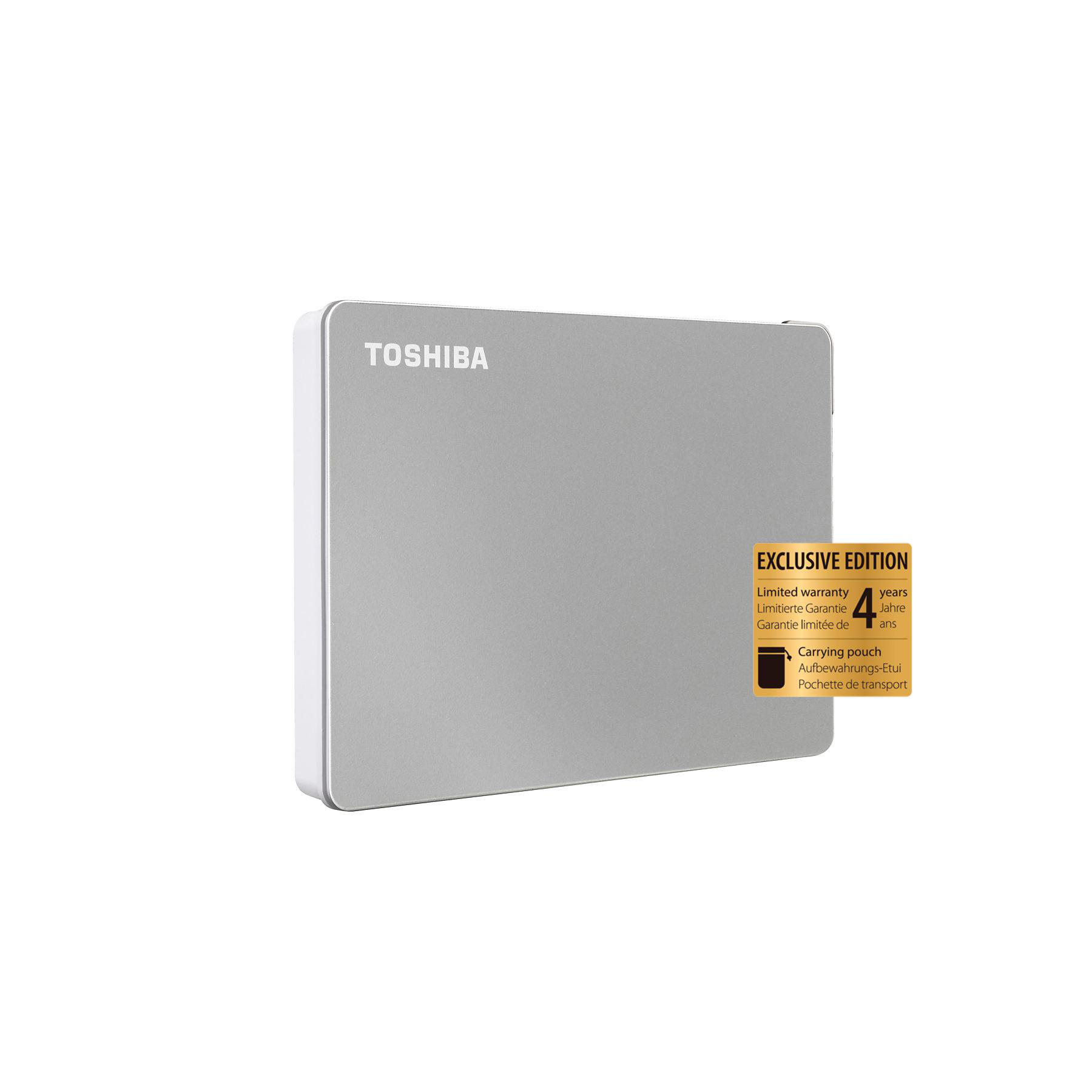 Eine silberne externe Festplatte von Toshiba mit einem Aufkleber für die exklusive Edition.