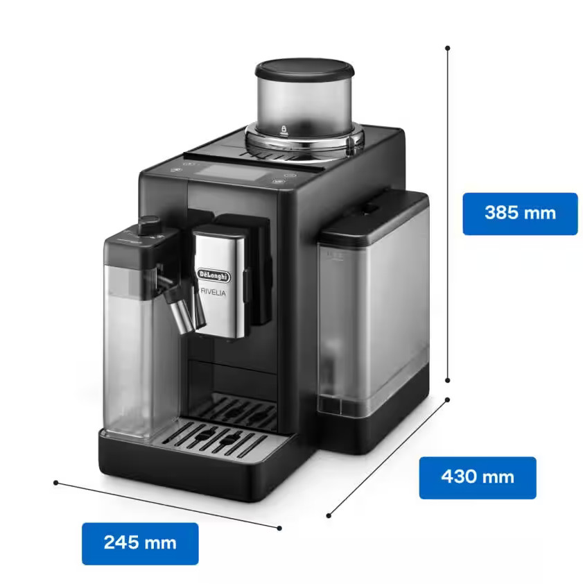Czarny ekspres do kawy z wymiarami. Zawiera zbiornik na wodę i młynek.