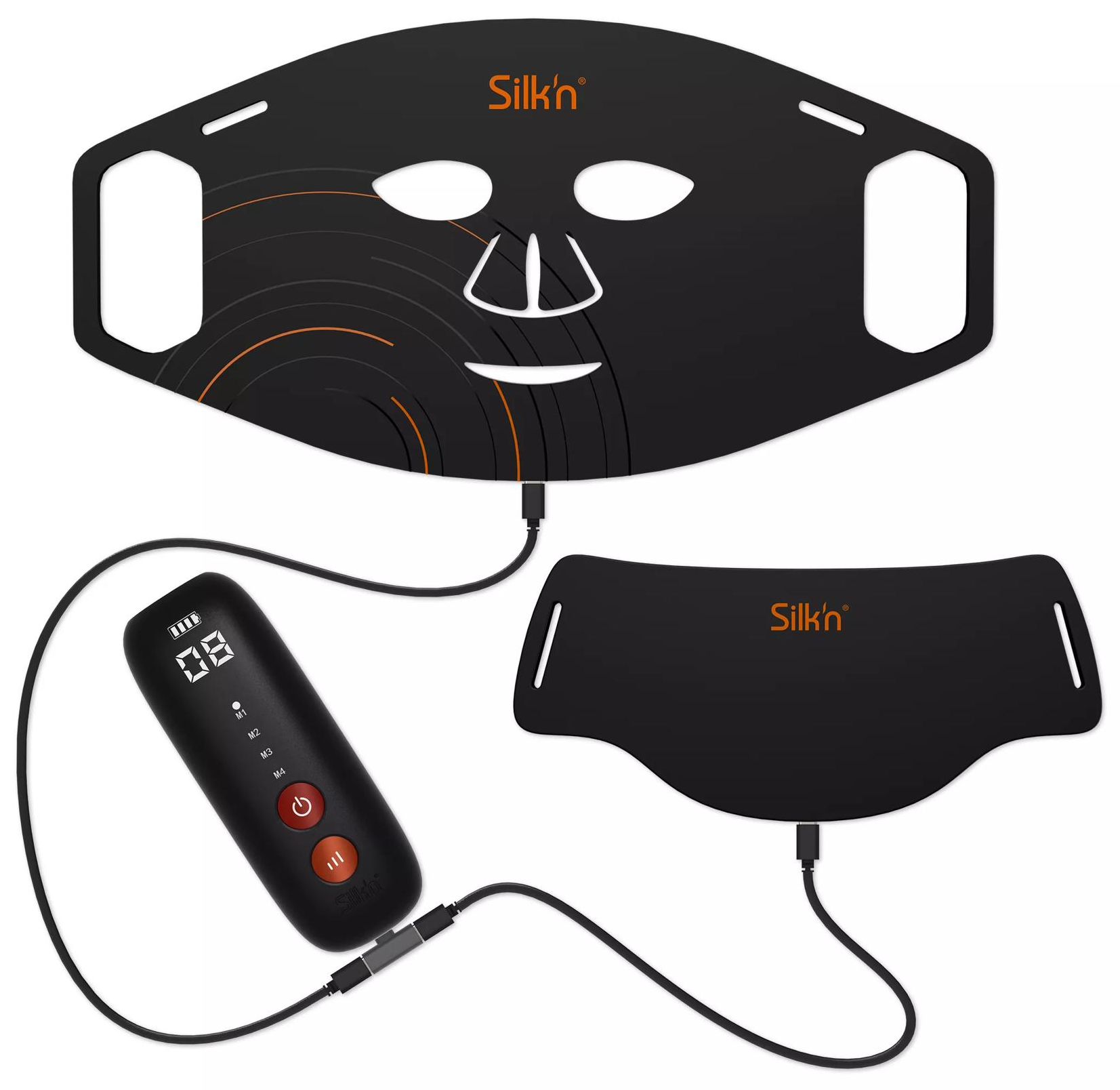 Czarne urządzenie do maski na twarz z pilotem. Kable są podłączone.