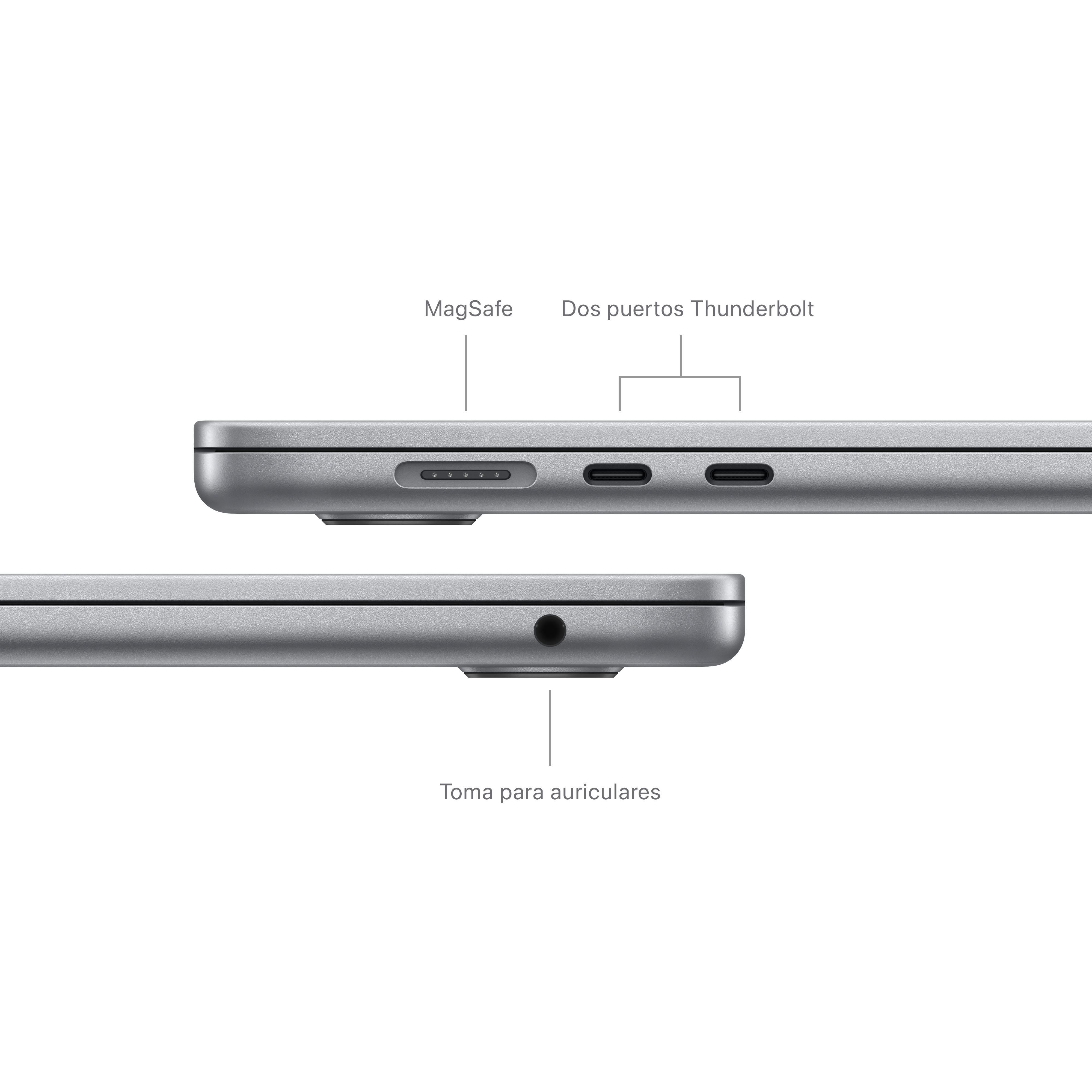 Vista lateral de un portátil mostrando puertos: MagSafe, puertos Thunderbolt y toma de auriculares.