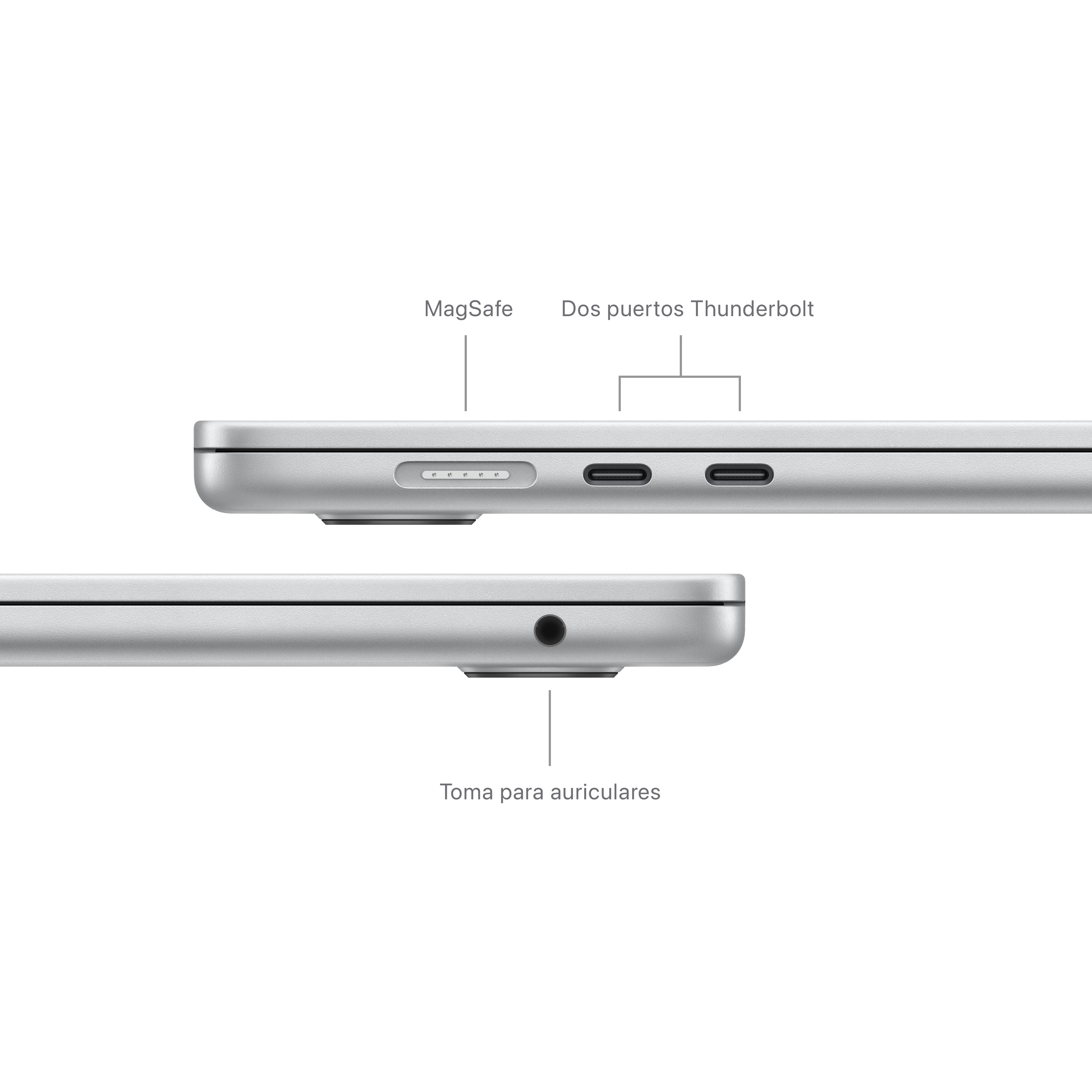 Primer plano del lateral de una computadora portátil. Tiene un puerto MagSafe, dos puertos Thunderbolt y un conector para auriculares.