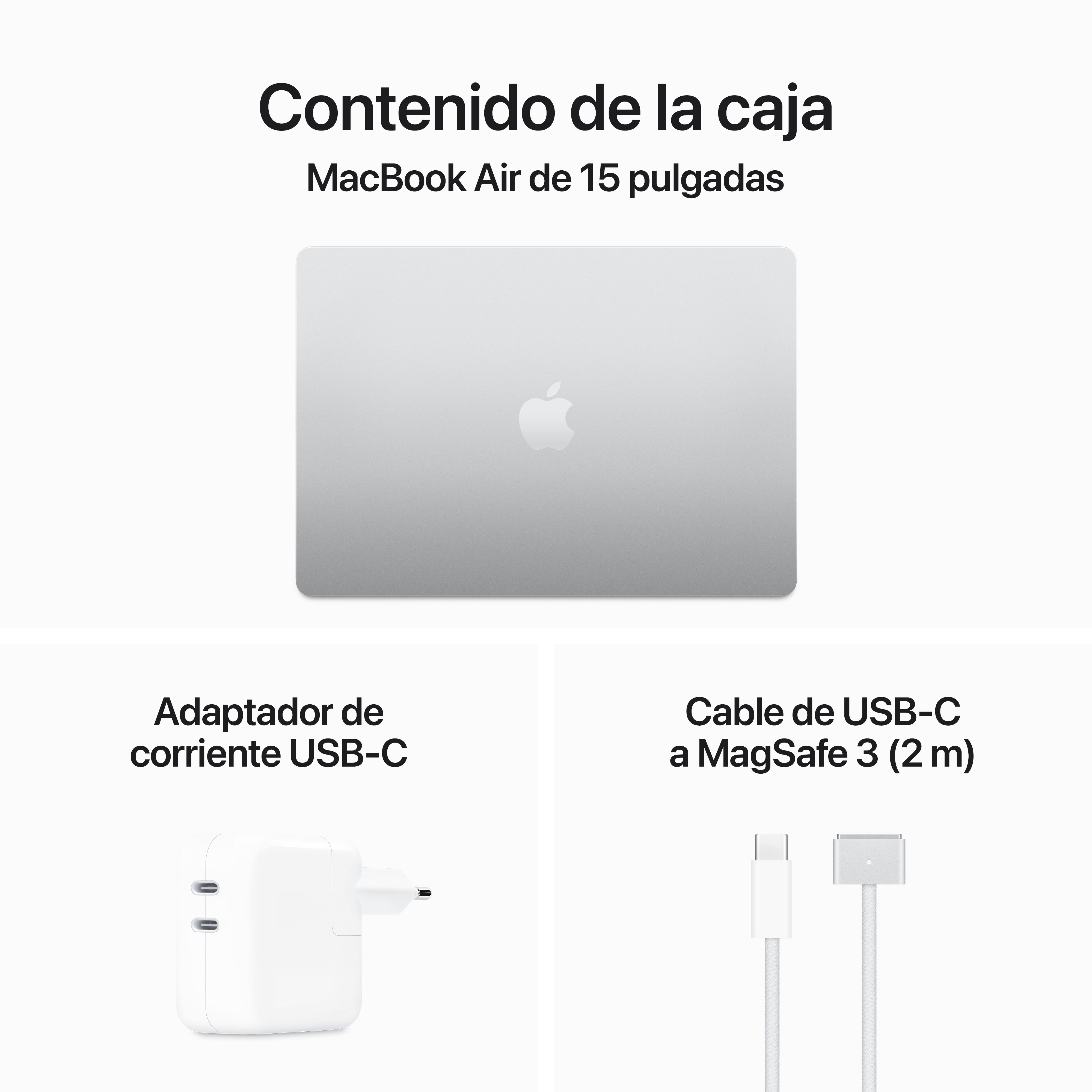 La imagen muestra un MacBook Air, un adaptador de corriente USB-C y un cable USB-C a MagSafe 3, todo sobre un fondo blanco.