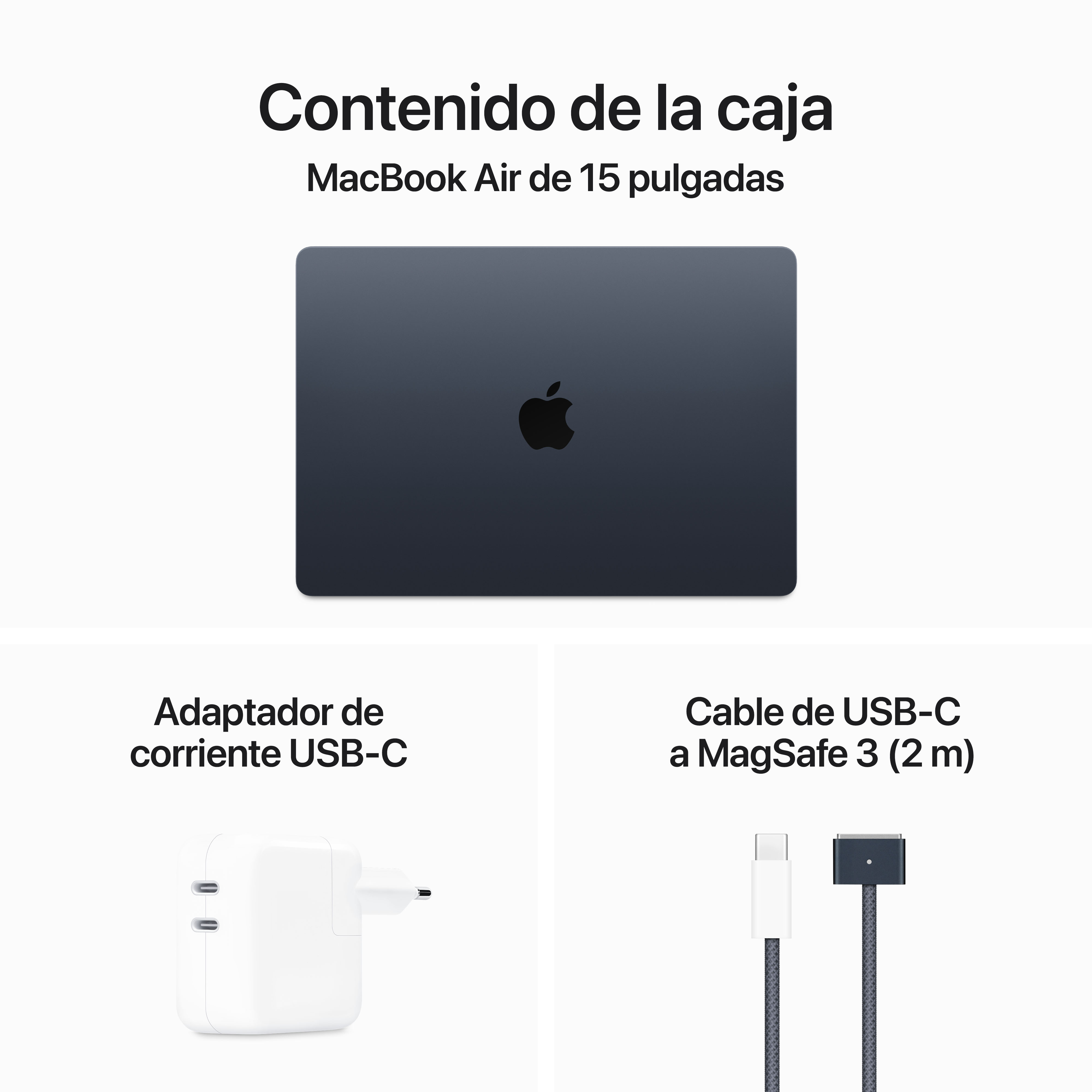 Vista superior de un MacBook Air 15 y accesorios: cargador USB-C y cable USB-C a MagSafe.
