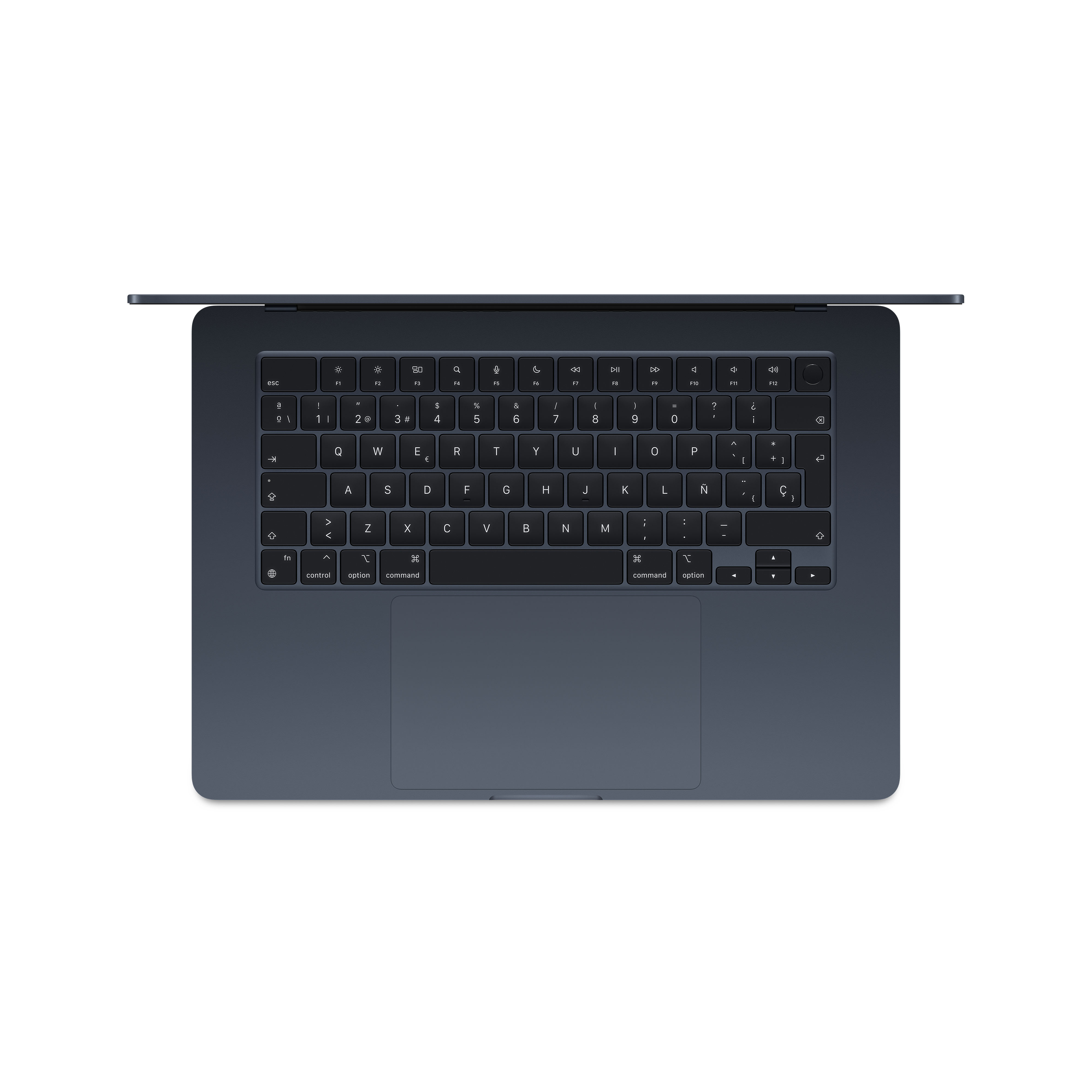 Vista superior de un teclado de portátil azul oscuro. Las teclas son negras y el panel táctil es visible.