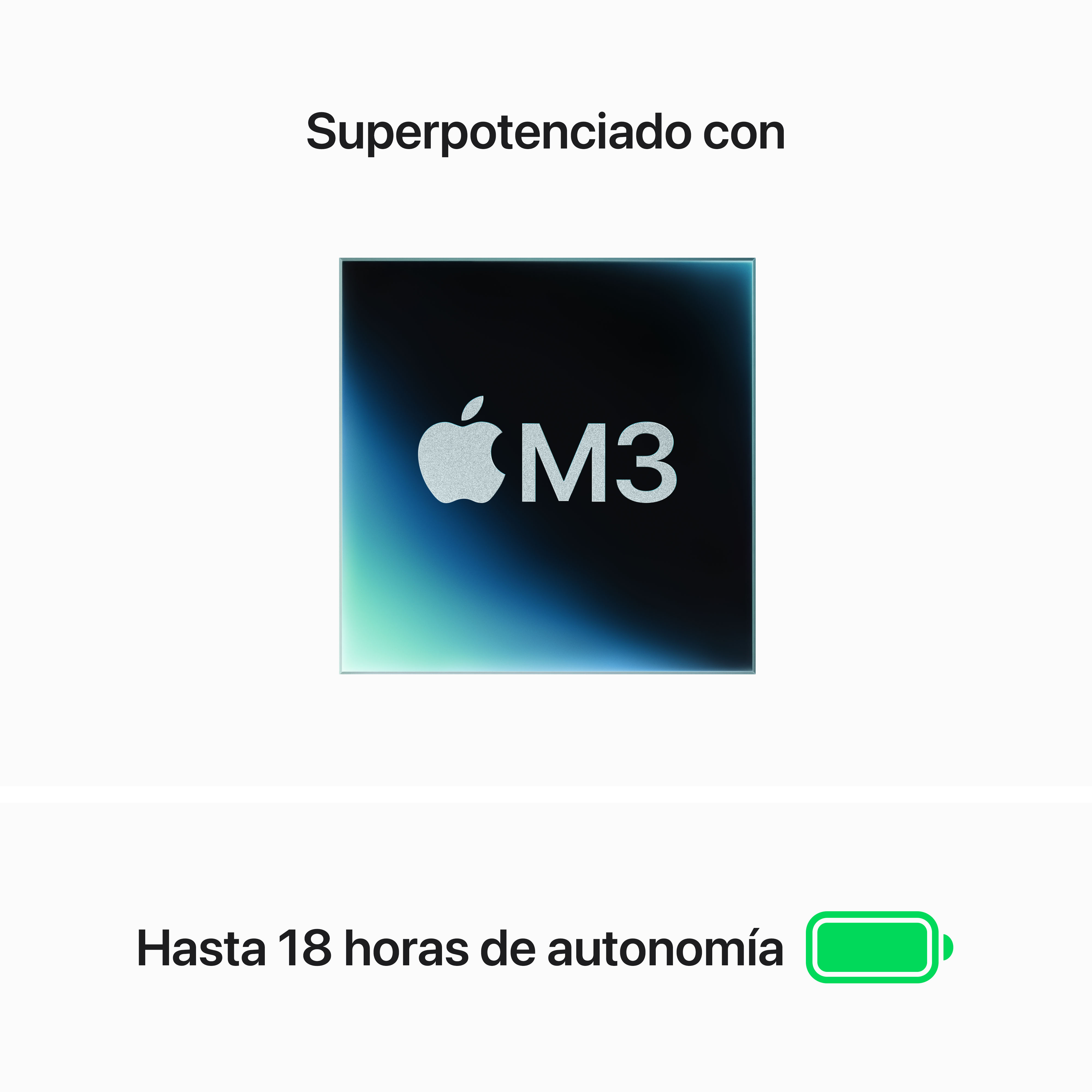 Logotipo blanco del chip Apple M3 con texto de duración de la batería.