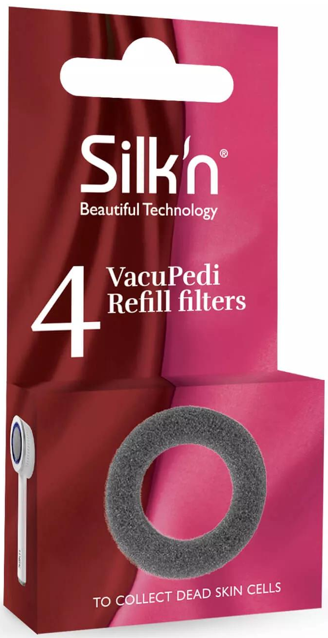 Pudełko filtrów uzupełniających VacuPedi, z widocznym filtrem. Tekst wspomina o produkcie.