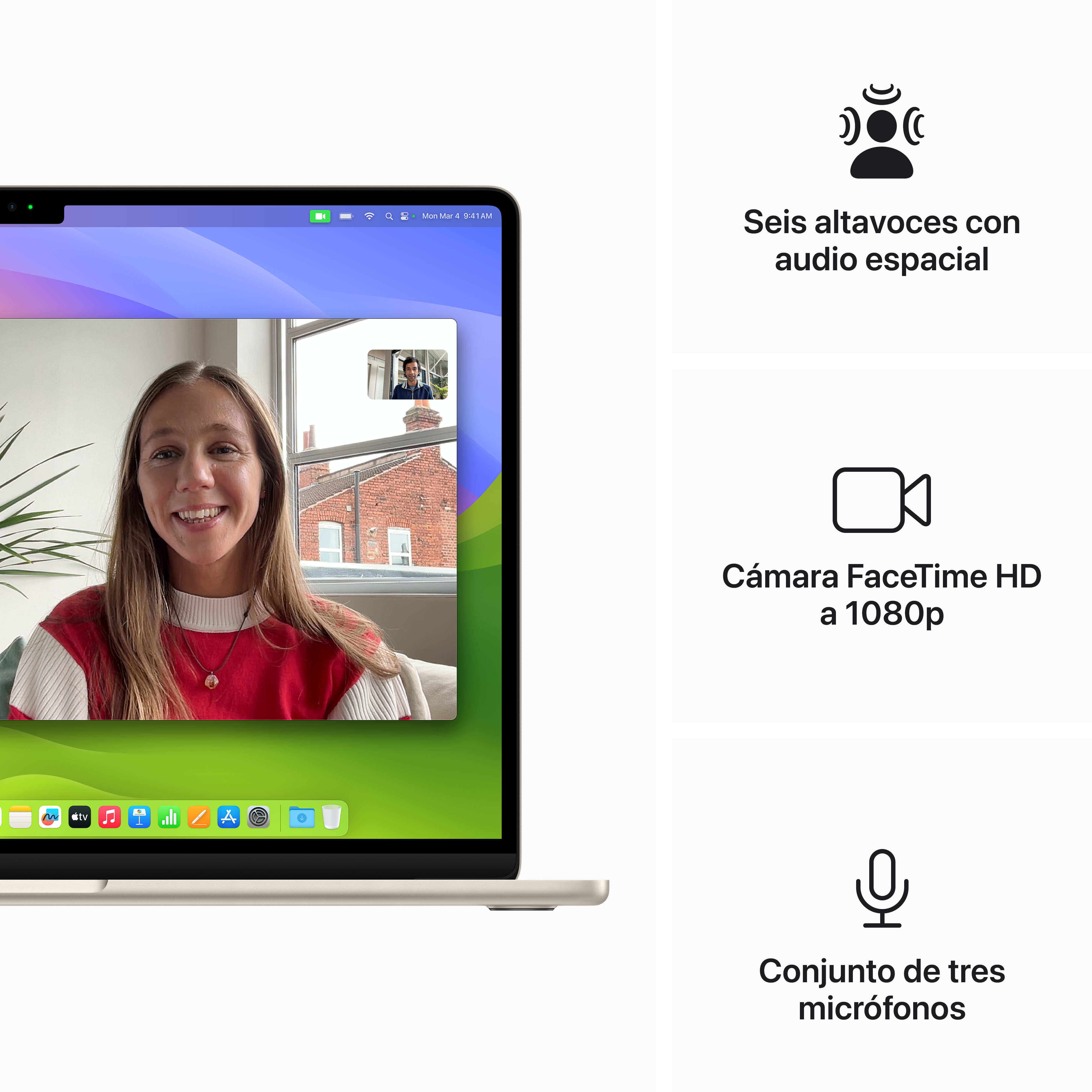 Pantalla de portátil con videollamada. Muestra a una mujer y las funciones: altavoces, cámara, micro.