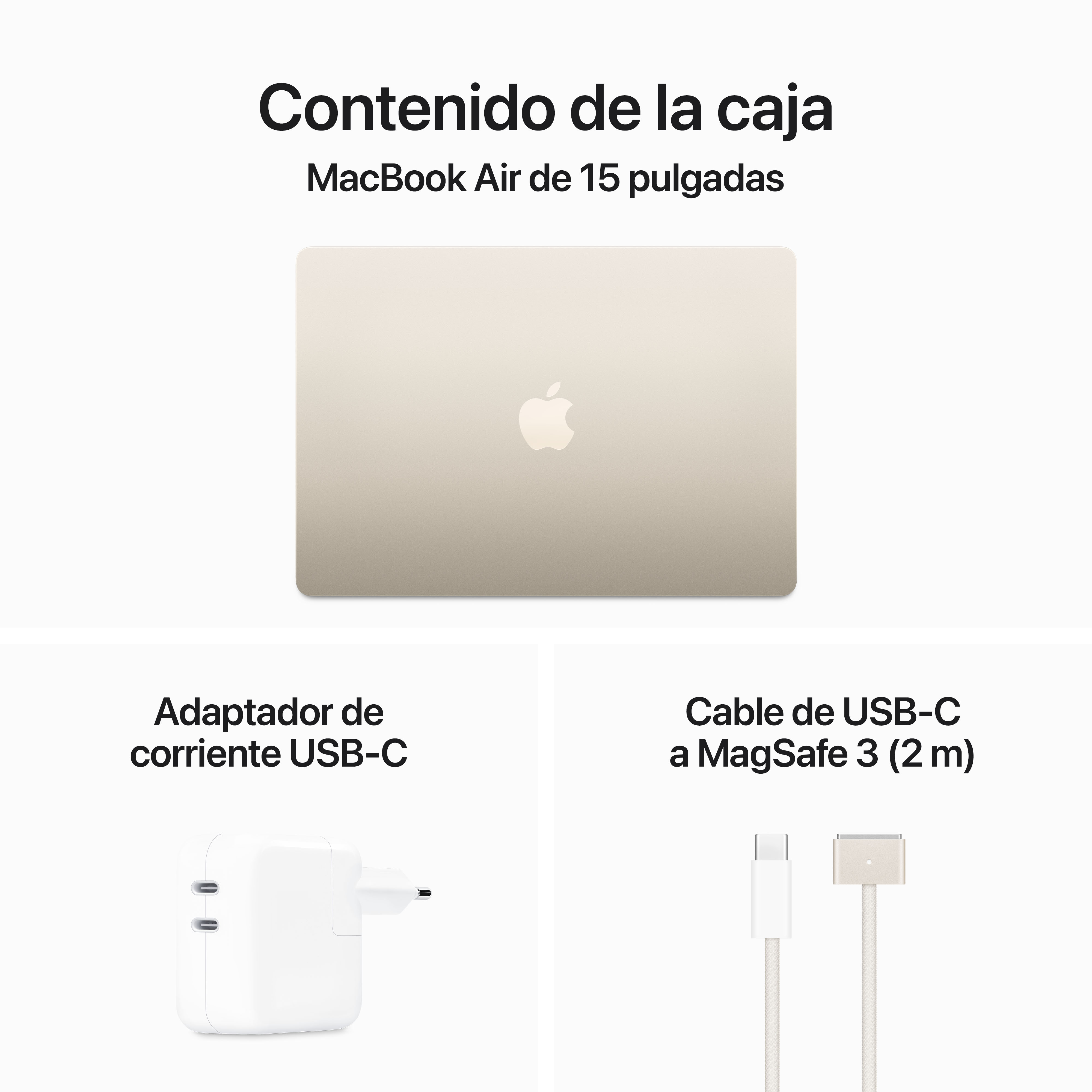 MacBook Air con sus componentes: adaptador, cable, presentado en una caja.