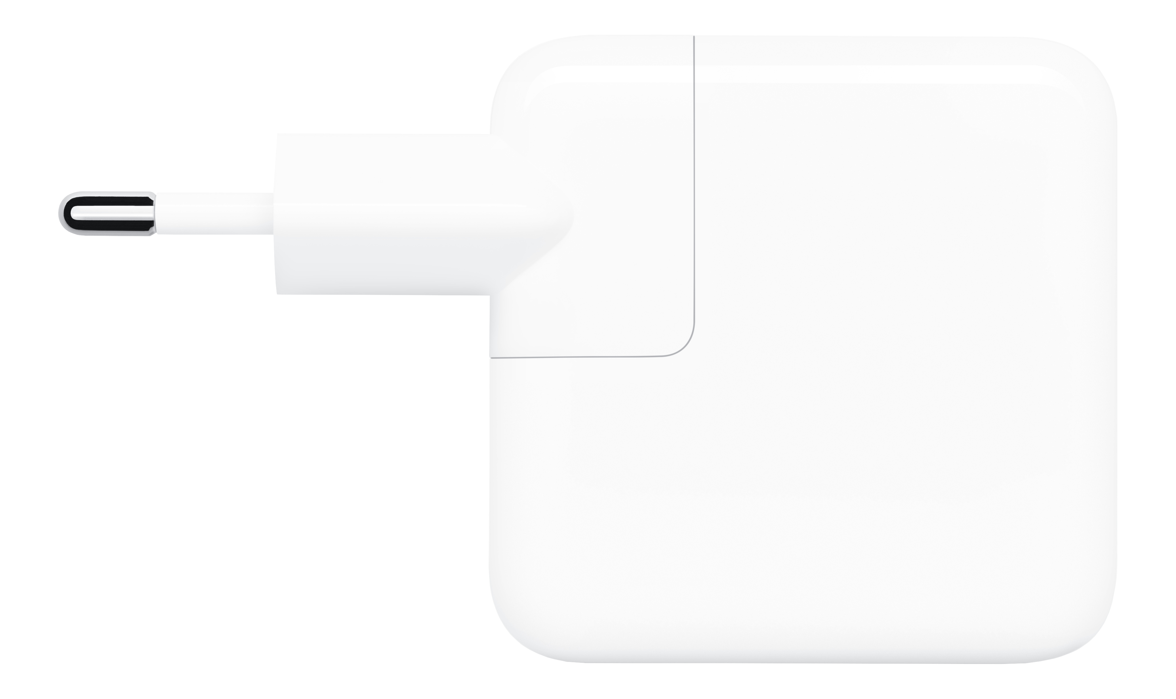Caricabatterie Apple bianco, connettore maschio, sfondo nero.