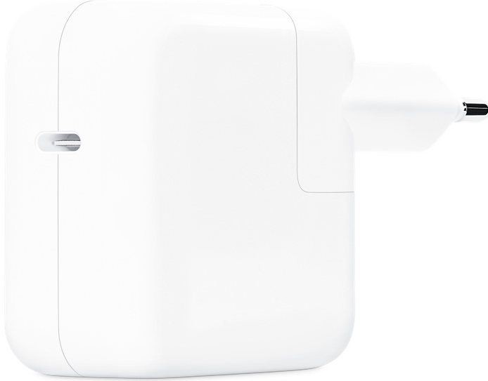 Un adattatore di alimentazione Apple bianco con spina.
