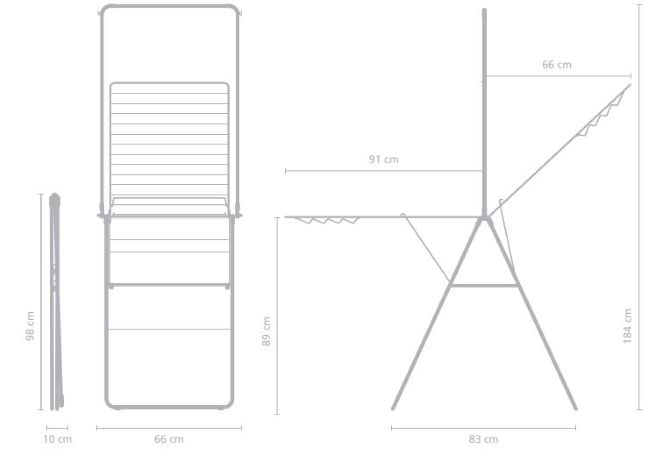 Diagramm eines Wäschetrockners, das Abmessungen und Merkmale wie Aufhängebügel zeigt.