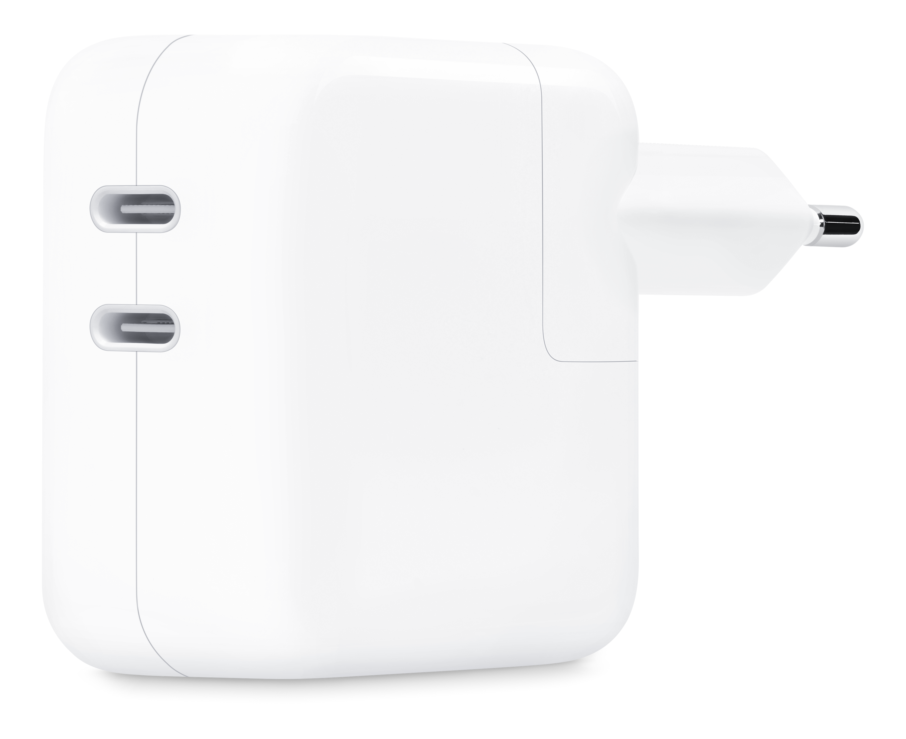 Chargeur Apple blanc avec deux ports USB-C et une prise.