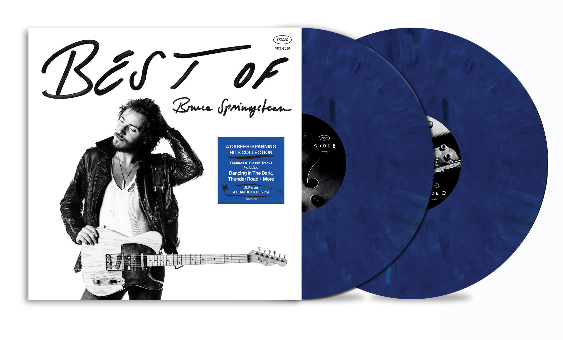 Vinyl-Albumcover mit Bruce Springsteen-Bild. Zwei blaue Schallplatten rechts.