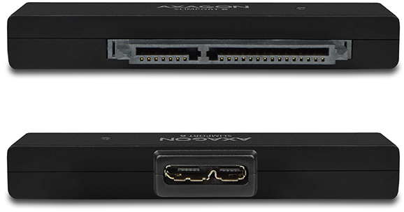 Két fekete Axagon Slimport 6 eszköz. Az egyik csatlakozókat, a másik HDMI portot mutat.